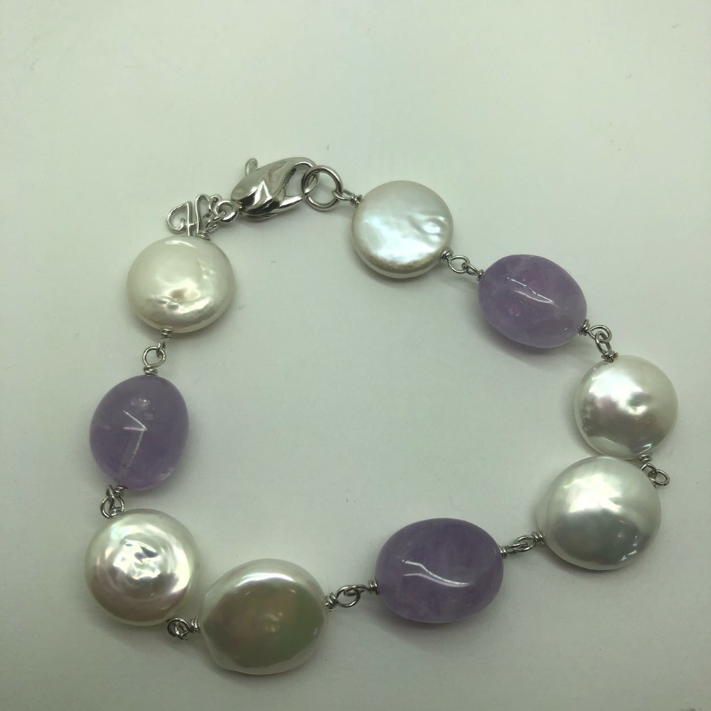 Honora Fresh Water Pearl and Lavender Amethyst 8” Silver Bracelet
